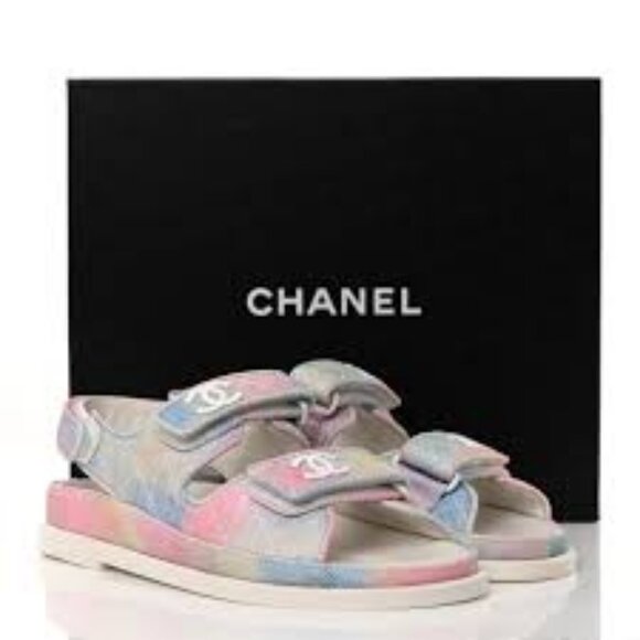 Women Chanel Rainbow Printed Fabric Quilted Interlocked CC Dad Sandals 37 US/6 - Picture 1 of 16